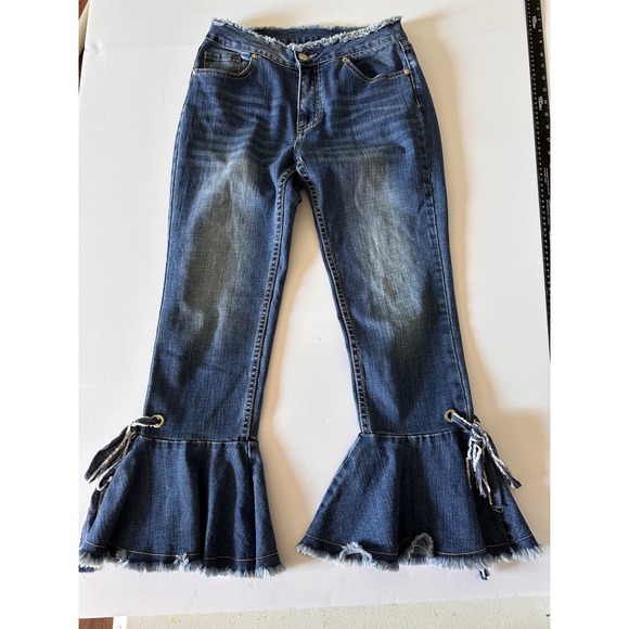 Flare Jeans Ruffle Hem Tie Detail Denim Pants Blue Distressed - Picture 1 of 5